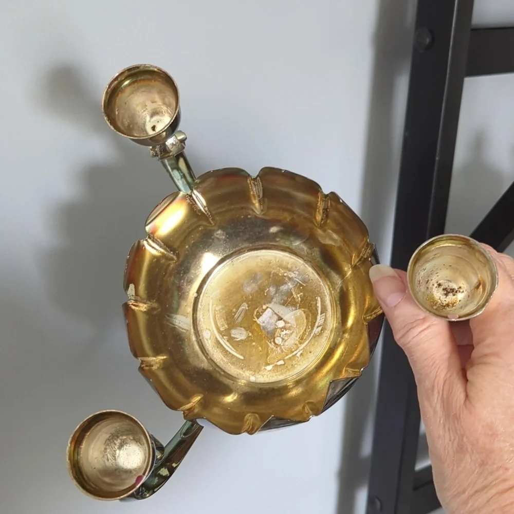 vintage Reed & Barton silver-plated 3-arm candle holder in a lotus flower design